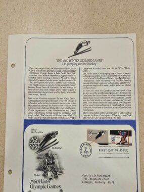 COLLECTIBLE USPS 1ST DAY ISSUE 1980 WINTER OLYMPIC GAMES SKI JUMP HOCKEY STAMP